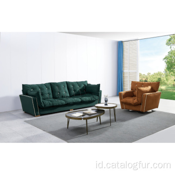 sofa ruang tamu furnitur ruang tamu tombol berumbai modern kulit merah L bentuk sofa beludru